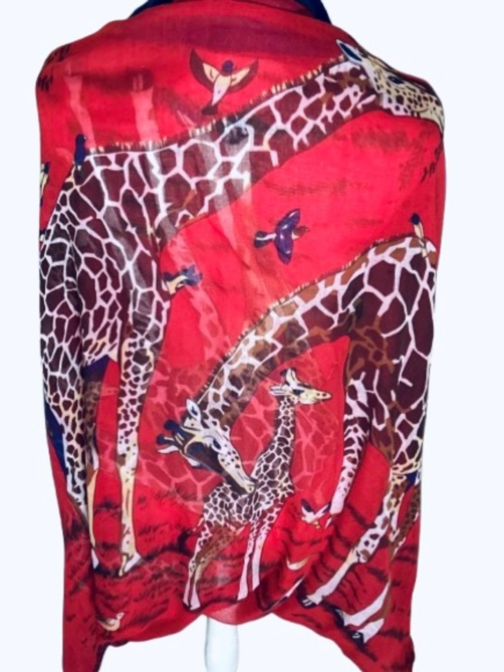 Giraffe Scarf Red Blue Large Wrap Animals Boho Vintage? Shawl Birds Estate